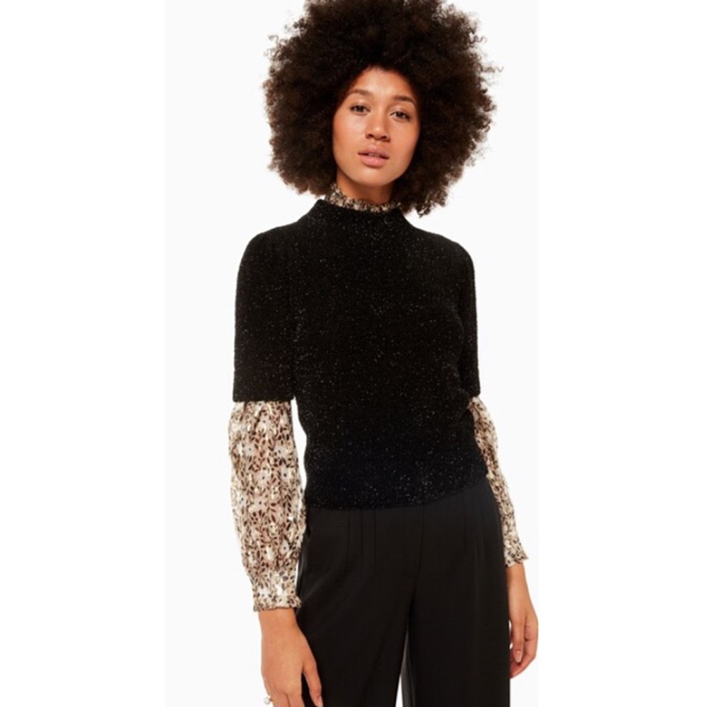 Kate Spade Metallic Black Texture Short Sleeve Sweater